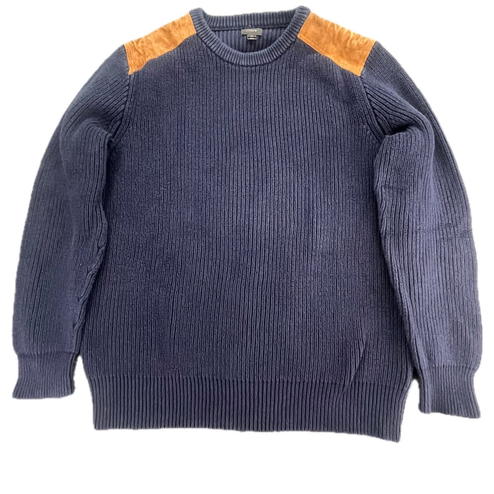 J Crew Mens Navy Blue Military‎ Sweater Suede Shoulder Patches Knit XL
